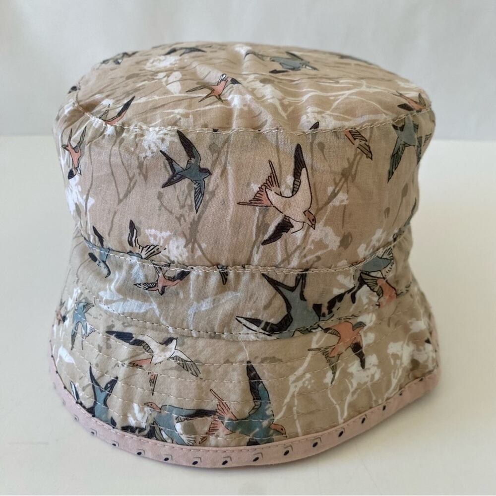 NWOT Wheat Danish Design Kids Bird Print Bucket Hat - Tan Reversible Cotton S
